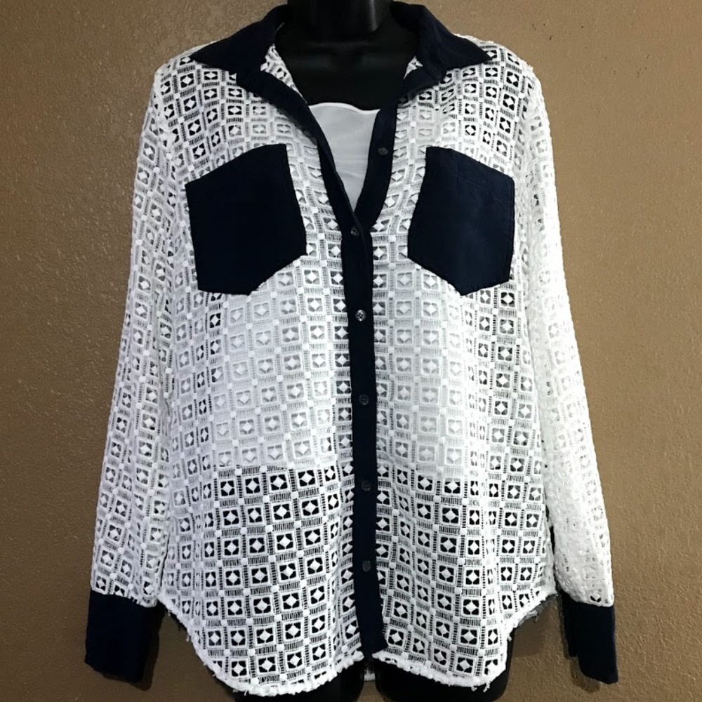 J. Crew White and Navy Button Down Shirt